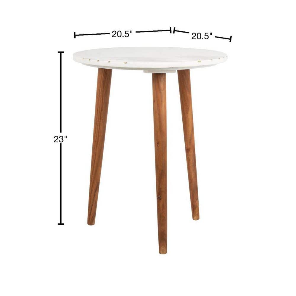 Transitional Round Wood & Stone Accent Table with Brass Inlay