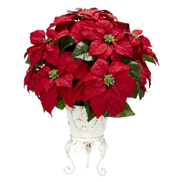 Nearly Natural 21in. H Red Poinsettia with Metal Planter Silk Flower Arrangement