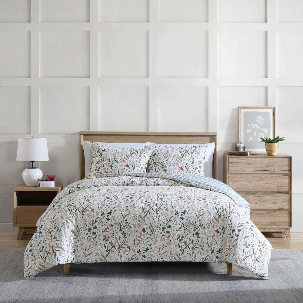 Twin White Cotton Reversible Floral Comforter Set