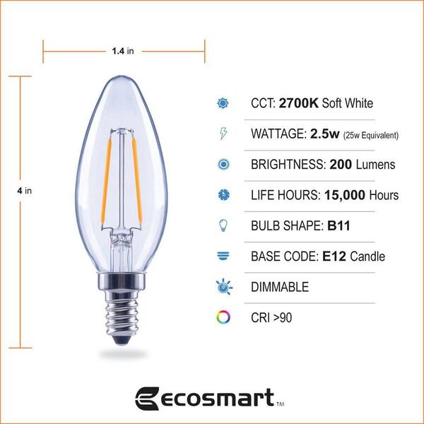 EcoSmart 25-Watt Equivalent B11 Dimmable Energy Star Clear Filament Vintage Style LED Light Bulb in Soft White (12-Pack) EcoSmart 25-Watt Equivalent B11 Dimmable Energy Star Clear Filament Vintage Style LED Light Bulb in Soft White (12-Pack)