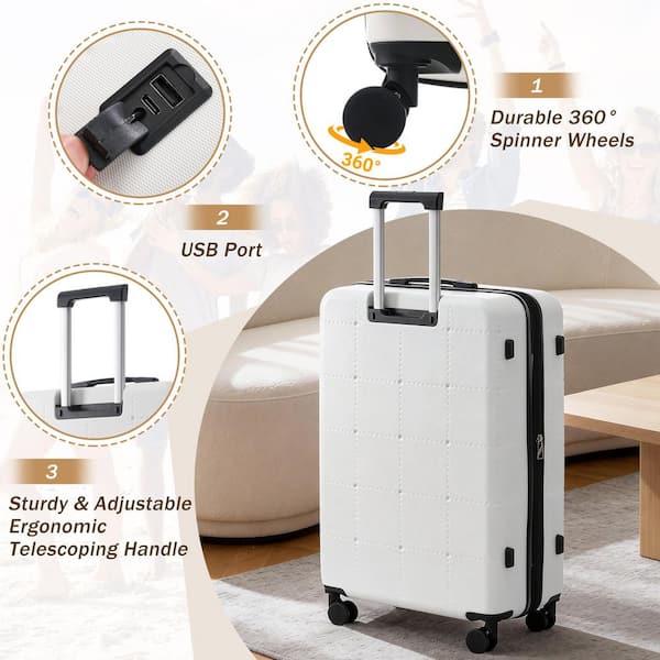 Polibi 5-Piece White ABS Hardside Luggage Set with Bags, USB Port