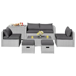 8-Piece All Weather PE Wicker Garden Outdoor Patio Conversation Sofa Set with Gray Cushions and Waterproof Cover