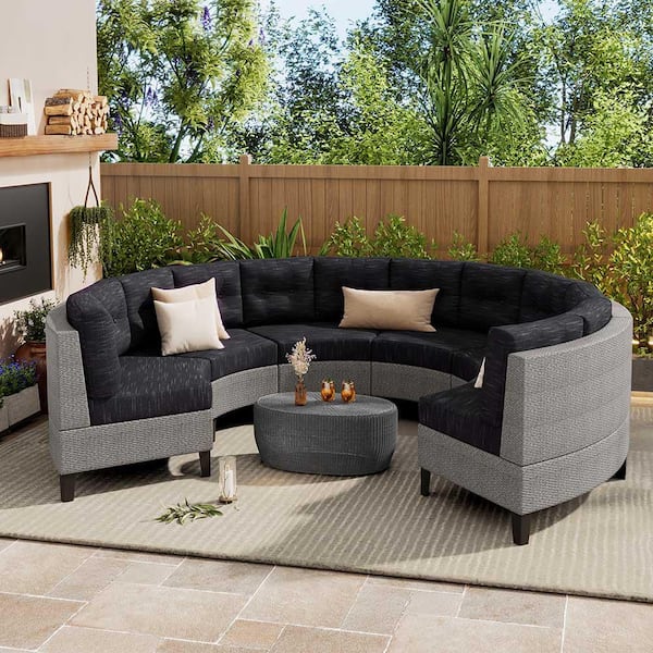 Black Gray Wicker Outdoor U-Shaped 6-Seater Patio Sectional Set with Water Resistant Cushion (6-Set without Table)