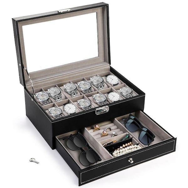 Men Women Black Gray 12 Slot 2 Layers with 1 Drawer for Rings Lockable Watch Box 12-Slot Watch Box for Men Women, Lockable Watch Case with  main image 2