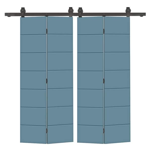 CALHOME 56 in. x 80 in. Dignity Blue Painted MDF Composite Modern Bi-Fold Hollow Core Double Barn Door with Sliding Hardware Kit