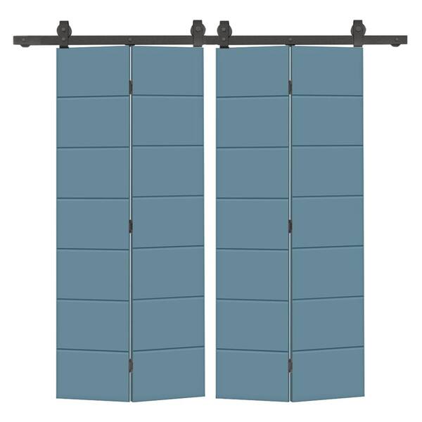 CALHOME 56 in. x 84 in. Dignity Blue Painted MDF Modern Bi-Fold Double Barn Door with Sliding Hardware Kit