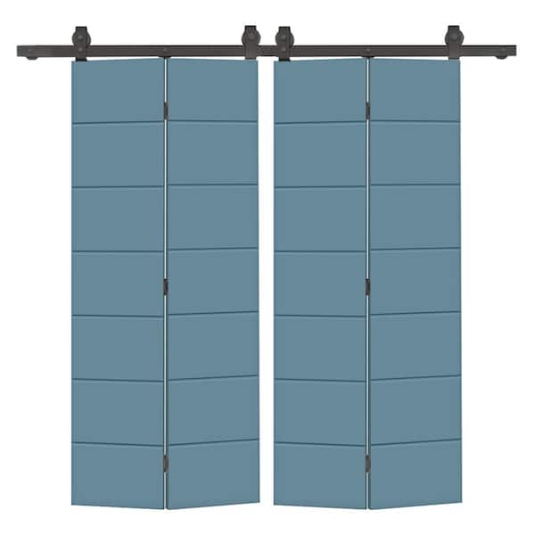 CALHOME 72 in. x 80 in. Dignity Blue Painted MDF Composite Modern Bi-Fold Hollow Core Double Barn Door with Sliding Hardware Kit