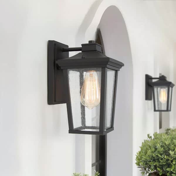 Transitional 1-Light 11 in. Black Wall Lantern Sconce with Seeded Glass Shade Modern Outdoor Wall Light LED Compatible