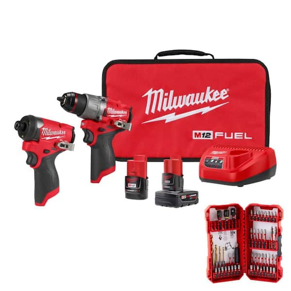 Milwaukee M12 FUEL 12-Volt Cordless Hammer Drill & Impact Driver Combo Kit with Impact Duty Driver Alloy Steel Bit Set (50-Piece)