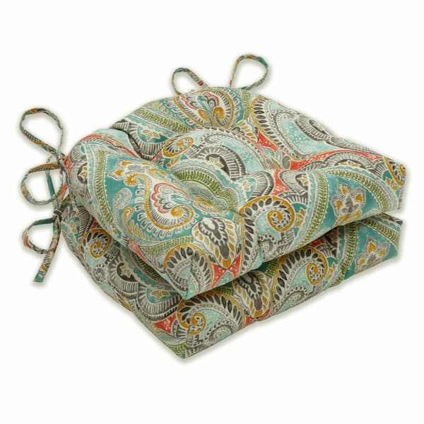 Pillow Perfect Paisley 17.5 in. x 17 in. 2-Piece Outdoor Dining Chair Cushion in Blue/Multi Pretty