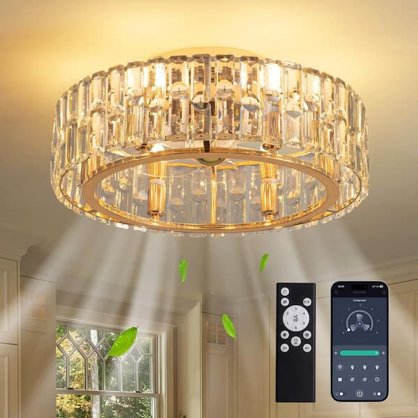 20 in. Indoor Modern Flush Mount Dimmable Gold Bladeless Ceiling Fan with Lights Reversible Rotation and Remote Control