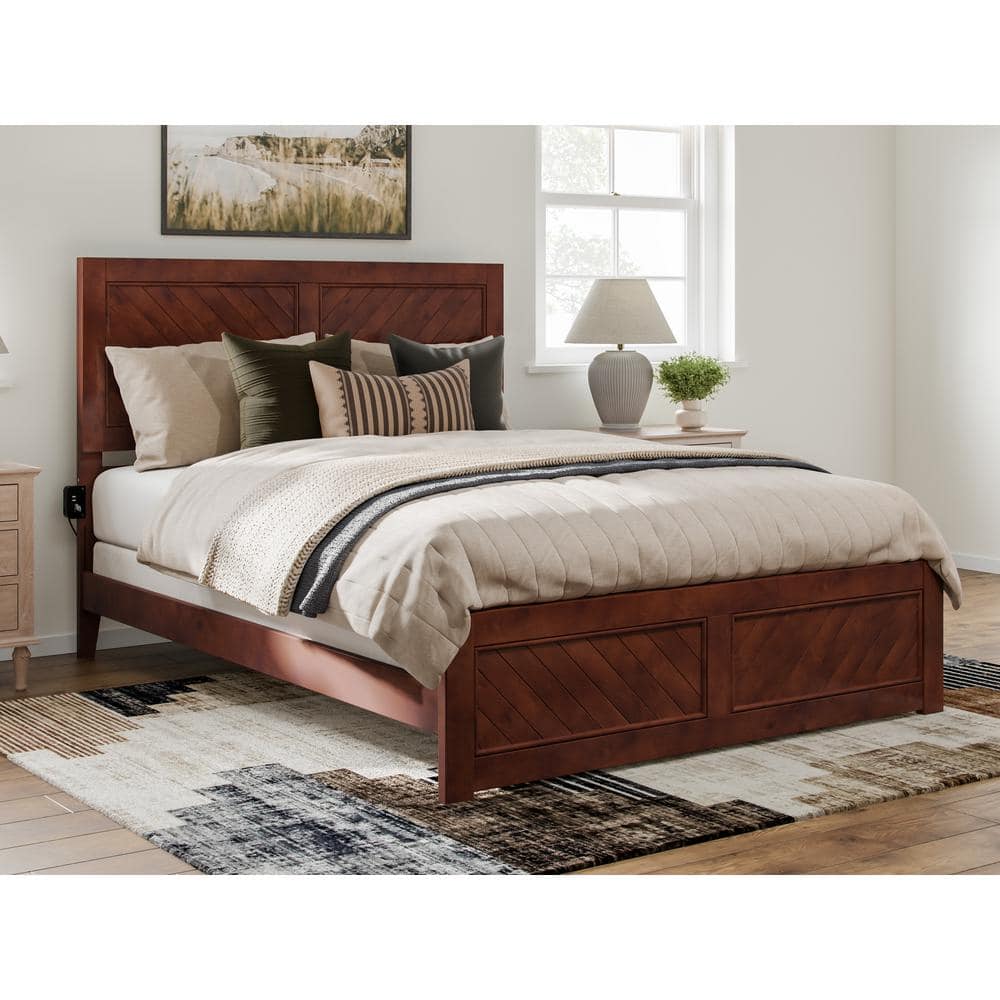 Canyon Walnut Wood Queen Bed Frame with Chevron Headboard