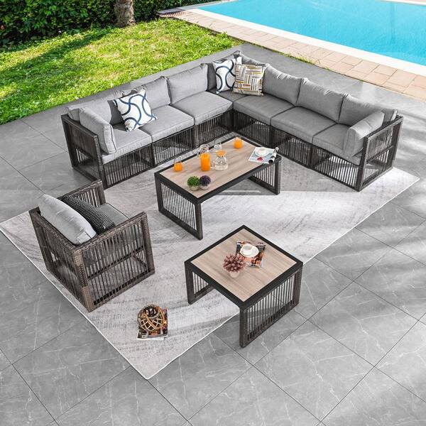 Patio Festival 10-Piece Wicker Patio Conversation Sectional Seating Set with Gray Cushions