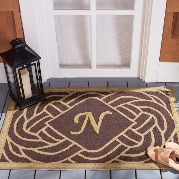 Monogram Chocolate 3 ft. x 4 ft. "N" Ornate Swirl Indoor/Outdoor Area Rug