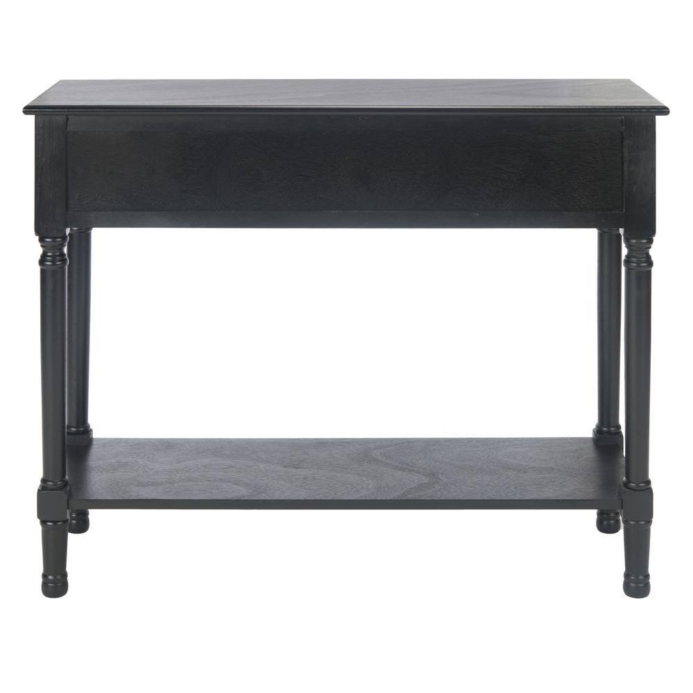 Elegant Black Metal and Wood Console Table with Carved Storage Drawers