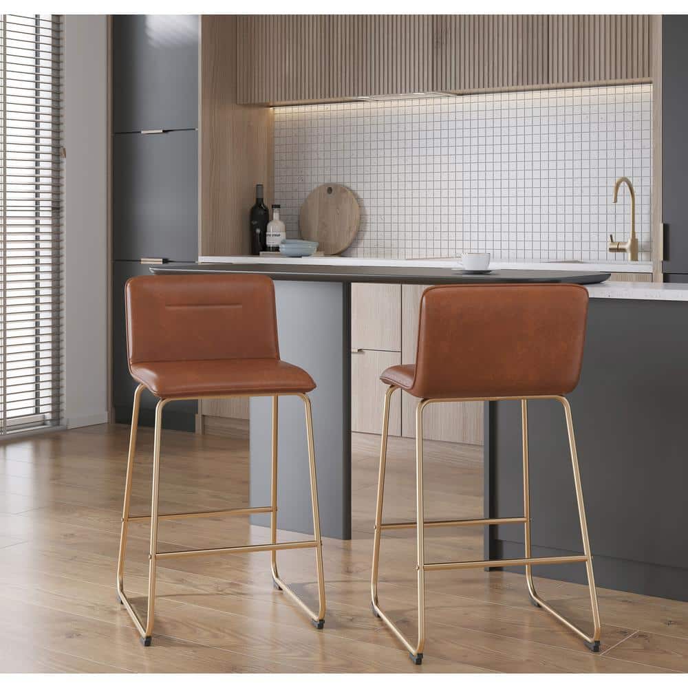 Contemporary Gold Metal and Camel Faux Leather Counter Stool, 21"
