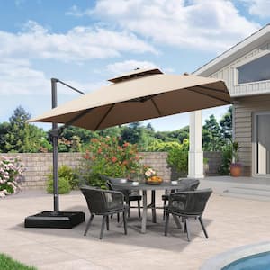 10 ft. Square 2-Tier Aluminum Cantilever 360-Degree Rotation Patio Umbrella with Base, Beige