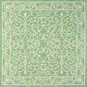 Charleston Vintage Filigree Textured Weave Green/Ivory 5 ft. Square Indoor/Outdoor Area Rug