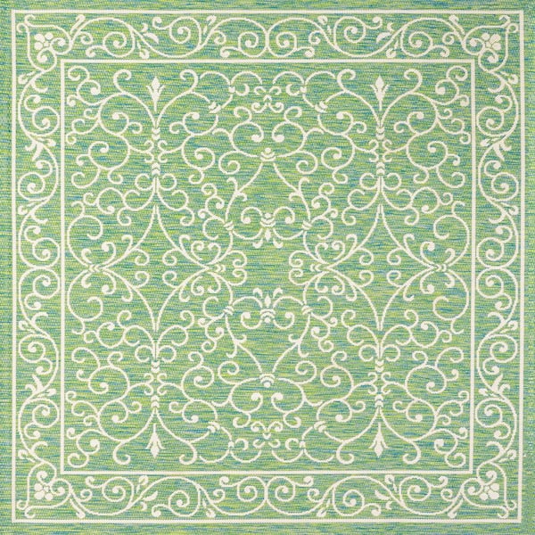 Charleston Vintage Filigree Textured Weave Green/Ivory 5 ft. Square Indoor/Outdoor Area Rug