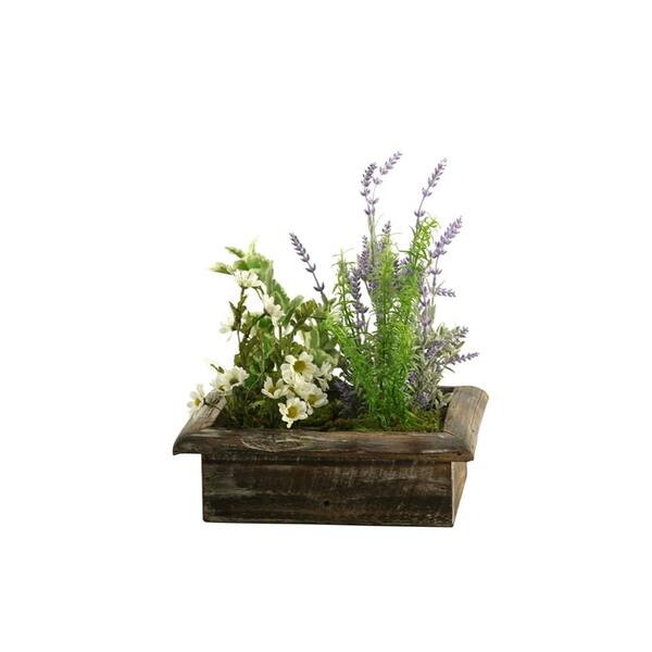 D&W Silks Artificial Indoor Lavender, Mint and Springeri in Square Wood Planter Box