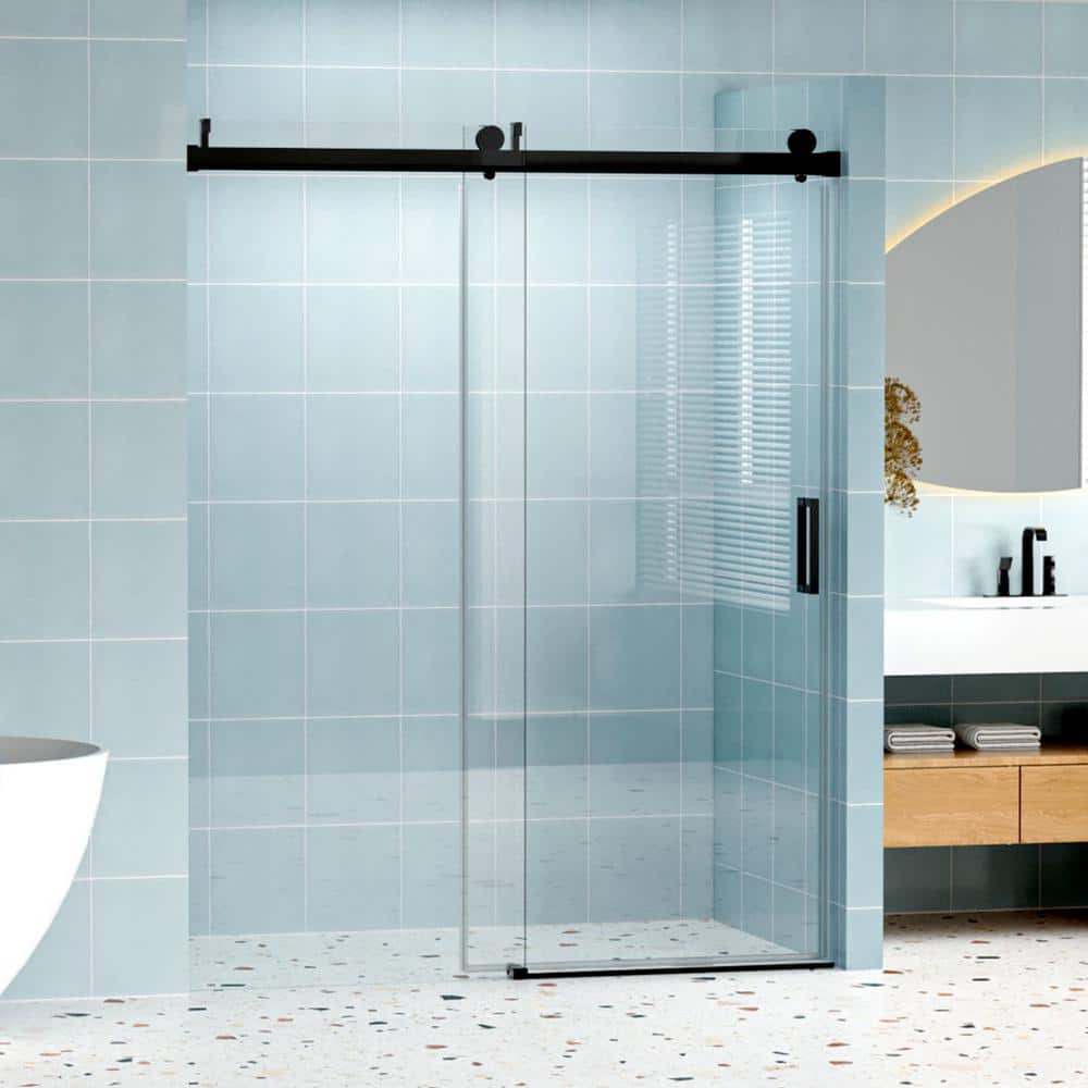 60 in. W x 76 in. H Frameless Single Sliding Shower Door in Matte Black wit