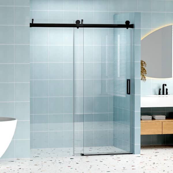 60 in. W x 76 in. H Frameless Single Sliding Shower Door in Matte Black with Tempered Clear Glass