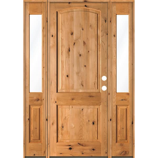 Krosswood Doors 70 in. x 96 in. Rustic Knotty Alder Arch clear stain Wood Left Hand Inswing Single Prehung Front Door/Half Sidelites