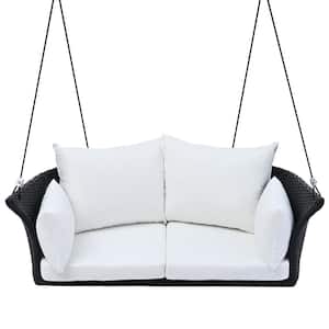 2-Person Black Wicker Rattan Hanging Seat Porch Swing Chair, Porch Swing With Ropes and White Cushion