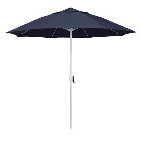 California Umbrella 9 ft. Matted White Aluminum Market Patio Umbrella Fiberglass Ribs and Auto Tilt in Spectrum Indigo Sunbrella