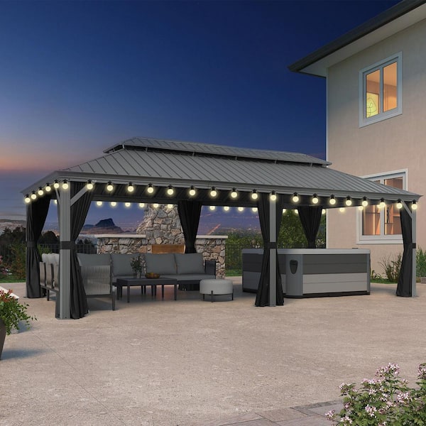 12 ft.x 24 ft.Light Gray Luxury Patio Outdoor Gazebo for Backyard Hardtop Aluminum Frame,Hooks,Curtain,Netting 48-Lights