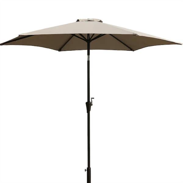 Zeus & Ruta 8.8 ft. Outdoor Market Aluminum Patio Umbrella in Gray with 42 lbs. Round Resin Base, Push Button Tilt and Crank Lift