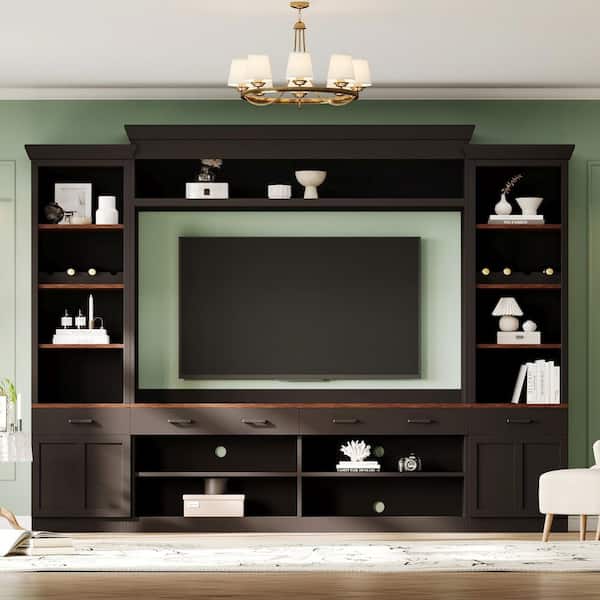 Harper & Bright Designs Mid-Century Large Entertainment Wall Unit Set, Black TV Stand Fits TVs up to 70 in. with Adjustable Shelves, Wine Rack