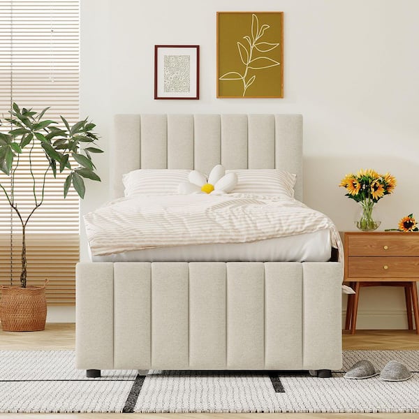 Beige Wood Frame Twin Size Platform Bed with Trundle and 3 Drawers