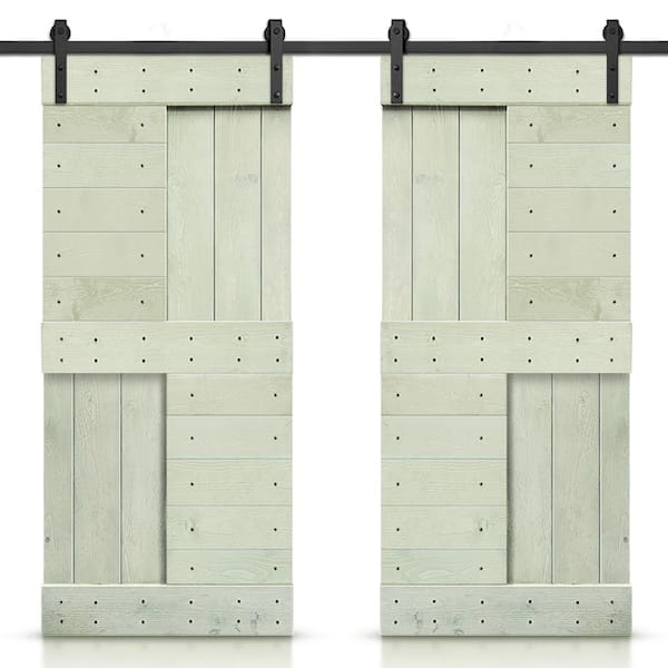 CALHOME 48 in. x 84 in. Sage Green Stained DIY Knotty Pine Wood Interior Double Sliding Barn Door with Hardware Kit