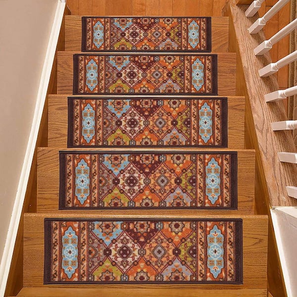 Indoor Bakhtiari Design Multi 9 in. x 36 in. Slip Resistant Backing Stair Tread Cover (Set of 7)