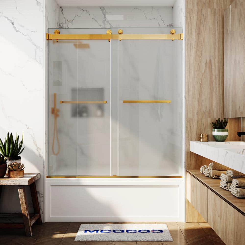 56-61 in. W x 66 in. H Double Sliding Frameless Smooth Sliding Tub Door in Brushed Gold with 3/8 in. Frosted Glass price history on PriceWatchPro