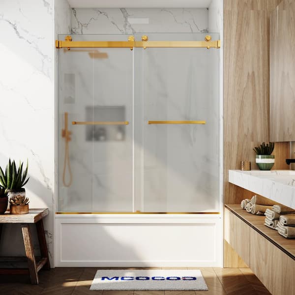 56-61 in. W x 66 in. H Double Sliding Frameless Smooth Sliding Tub Door in Brushed Gold with 3/8 in. Frosted Glass