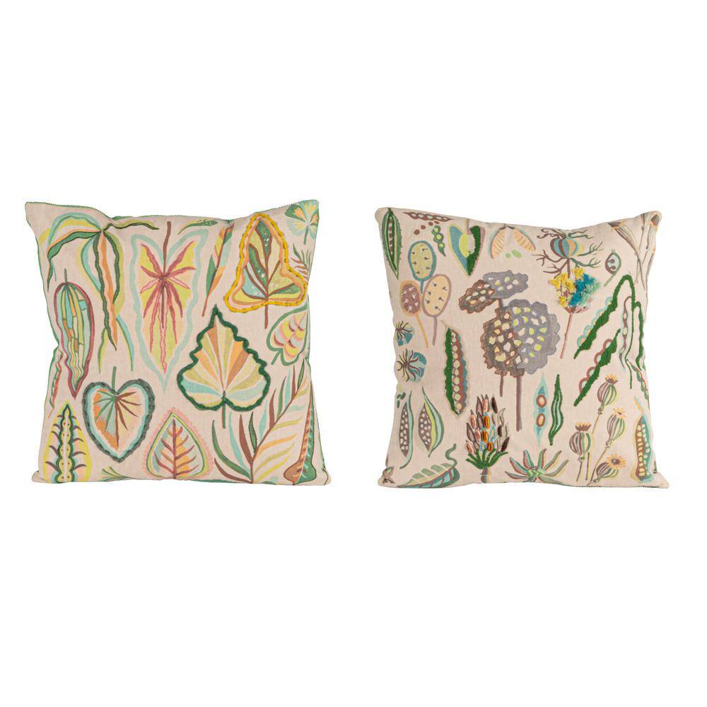 Botanical Embroidered Cotton Square Throw Pillow Set