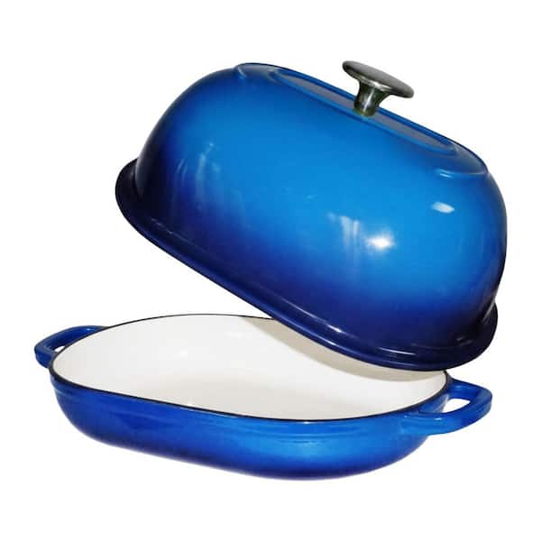 6 qt. Oval Cast Iron Dutch Oven Enameled Bread Pan in Blue with Lid and Silicone Baking Mat for Homemade Bread