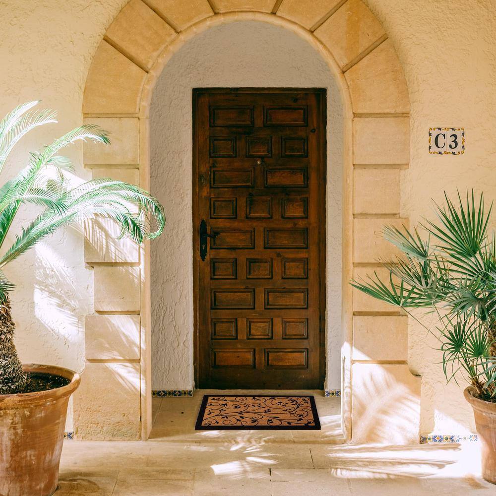 Natural Coir Outdoor Doormat with Black Leafy Vine Print