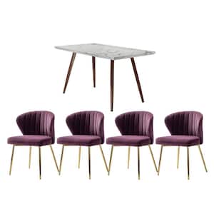Olinto Purple 5-Piece Dining Set with Marble Desk