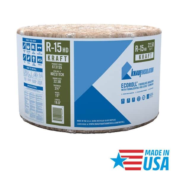 Knauf Insulation R15 Kraft Faced 15 in. x 18 ft. Fiberglass Insulation Roll for Floor, 2x4 Wall - Sound-Reducing, USA Made (1-Roll)