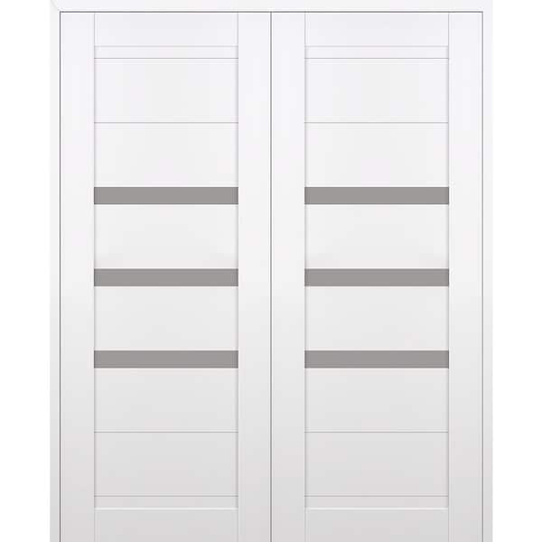 Dora 64 in. x 84 in. Both Active 3-Lite Frosted Glass Snow White Wood Composite Double Prehung Interior Door