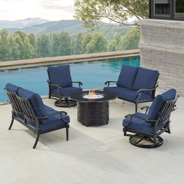 Oakland Living Black 5-Piece Aluminum Patio Fire Table Set with Blue Cushions