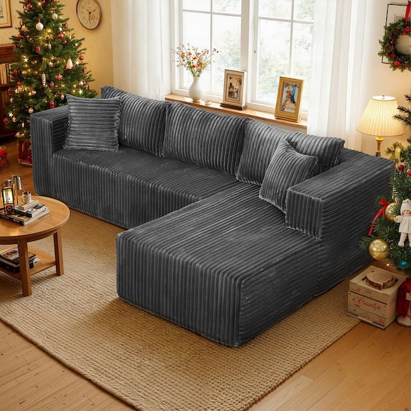 105.11 in. Wide Square Arm 2-Piece Modern Corduroy Fabric L-Shape Modular Sectional Sofa in Gray with Chaise