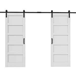 60 in. x 84 in. Paneled 5-Lites White MDF with PVC Prefinished Sliding Barn Door Slab with Installation Hardware Kit