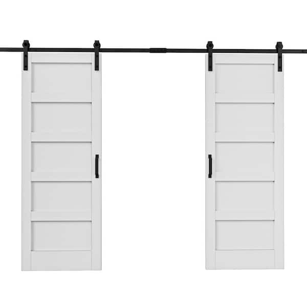 ARK DESIGN 60 in. x 84 in. Paneled 5-Lites White MDF with PVC Prefinished Sliding Barn Door Slab with Installation Hardware Kit