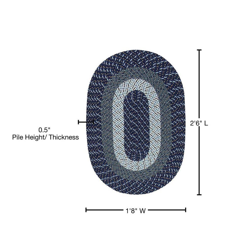 Dark Blue Stripe Oval Braided Reversible Synthetic Area Rug