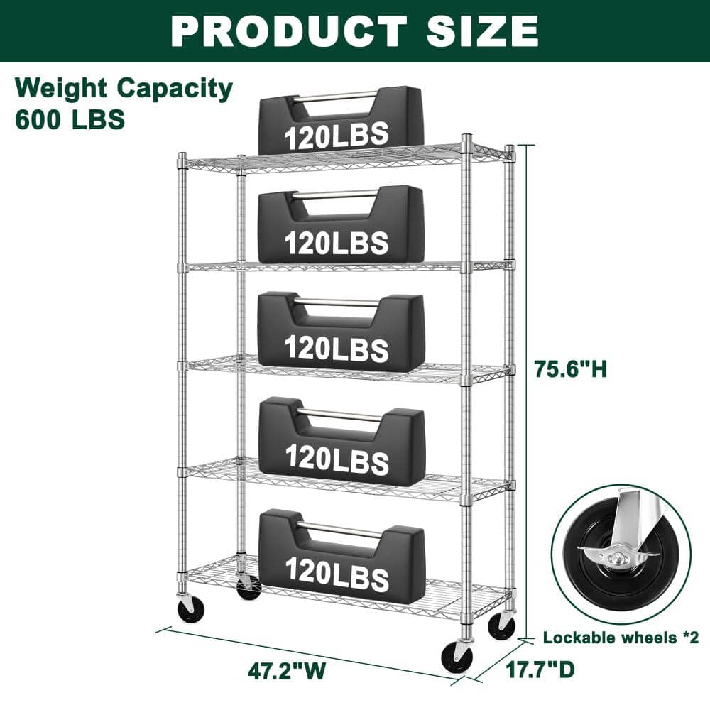 Size diagram showing dimensions and weight capacity of the rolling pantry shelving unit.