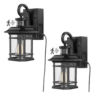 Black Motion Sensing Weather Resistant Outdoor Hardwired Wall Lantern Scone with Seeded Glass Shade No Bulbs Included